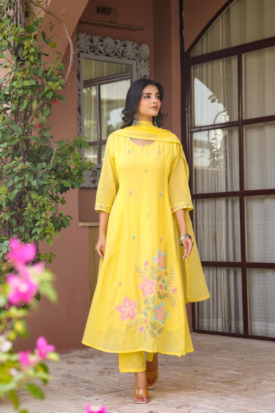 Pure Mul cotton embroidered full suit set in yellow