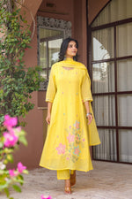 Pure Mul cotton embroidered full suit set in yellow