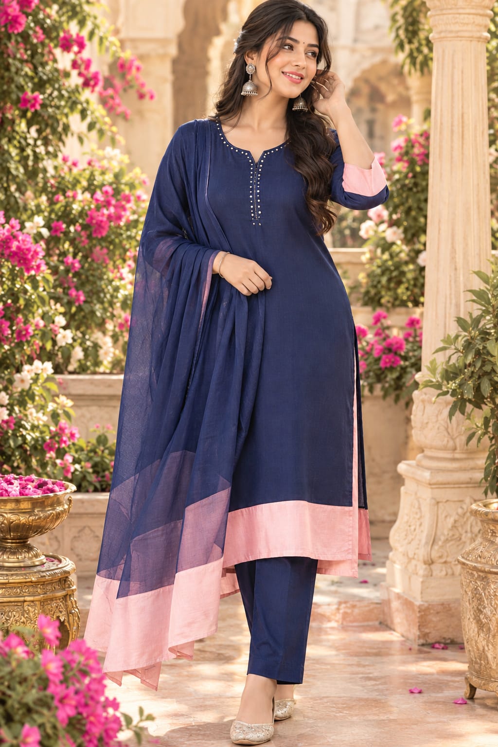 Premium banarsi Mul chanderi suit set in blue n pinkFull suit
