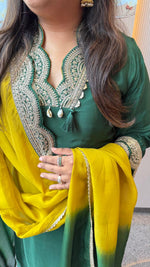 Premium pure crepe zari detailing full suit set( slim fit margin available) in green