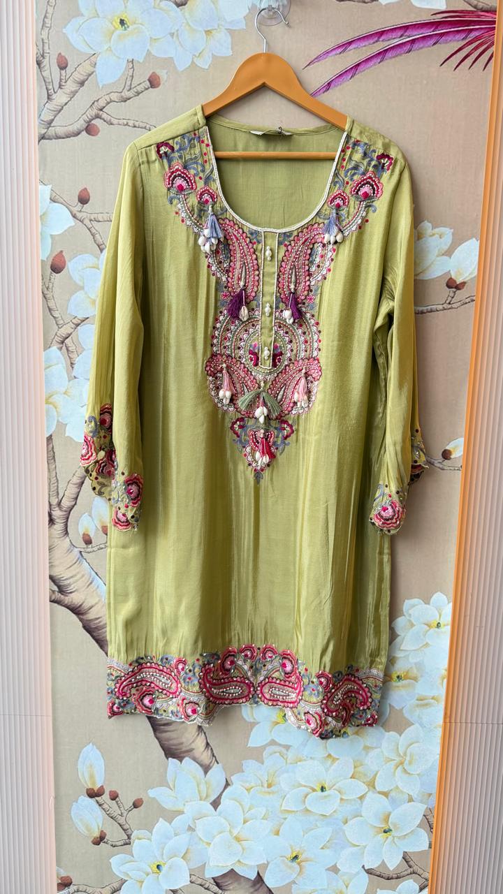 Pretty crepe silk lining embroidered suit set in green