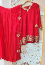 Premium chinon zari applique suit set in red