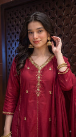 Pretty maroon handwork A line Mul chanderi suit set