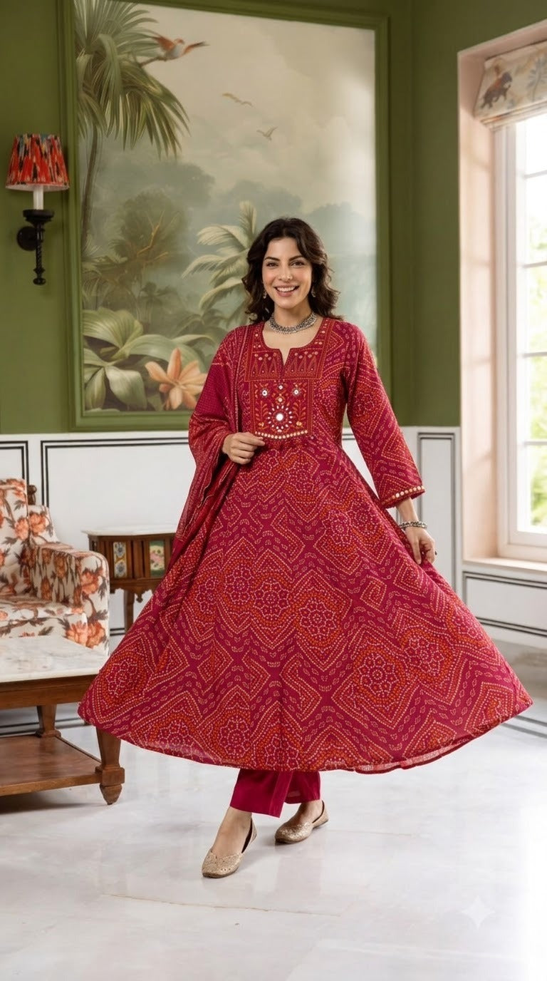 Super pretty cotton Anarkali suit set in red bandhani