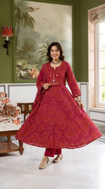 Super pretty cotton Anarkali suit set in red bandhani