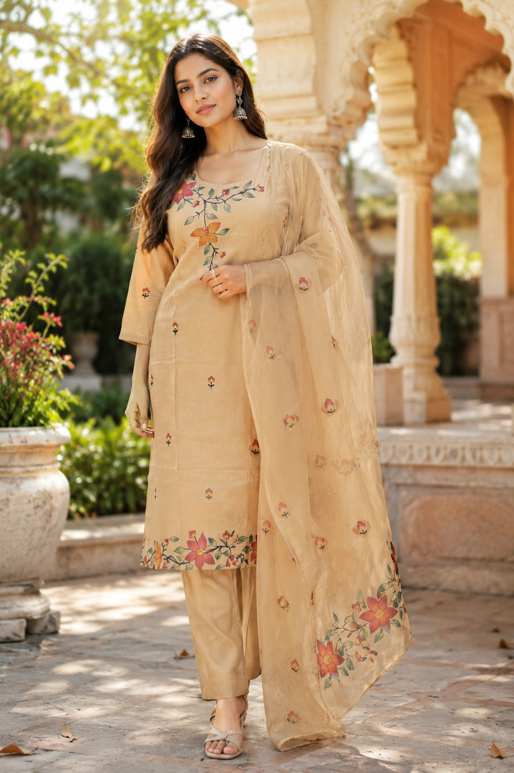 Pretty Modal brush painted katha stitch suit set in cream