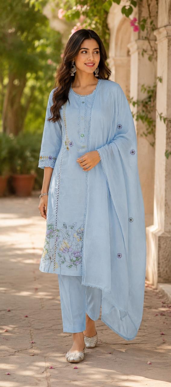 Premium cotton embroidered suit set in powder blue