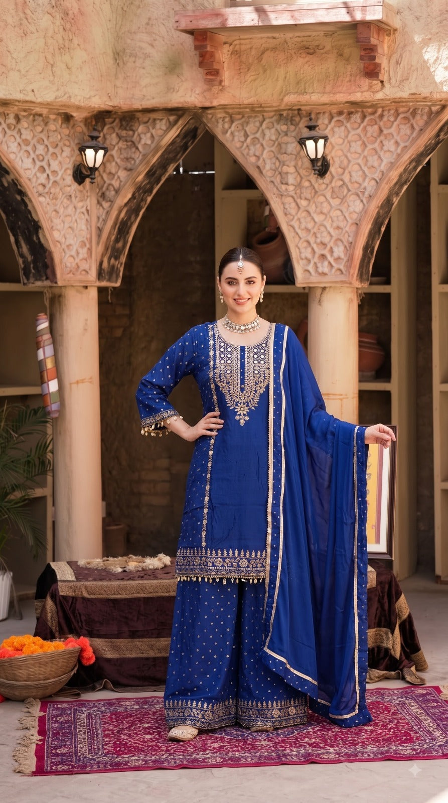 Super pretty designer premium chinon plazzo suit set