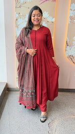 Pretty slub cotton paired with ajrakh dupatta Anarkali suit