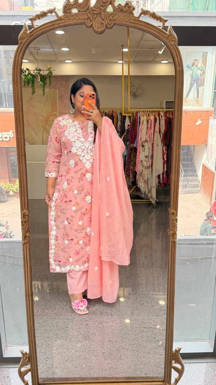 Pure Mul cotton lining chikankari suit set in pink