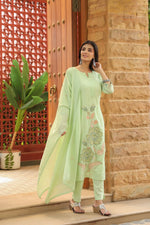 Pure Mul cotton applique work full suit set in green