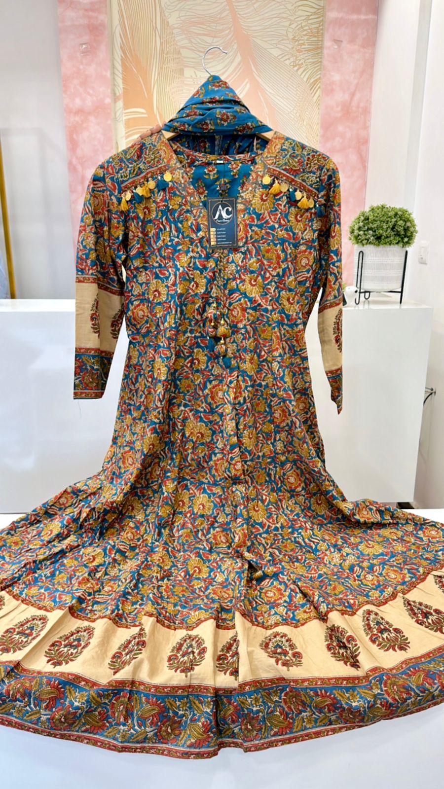 Pure cotton A line Anarkali in blue