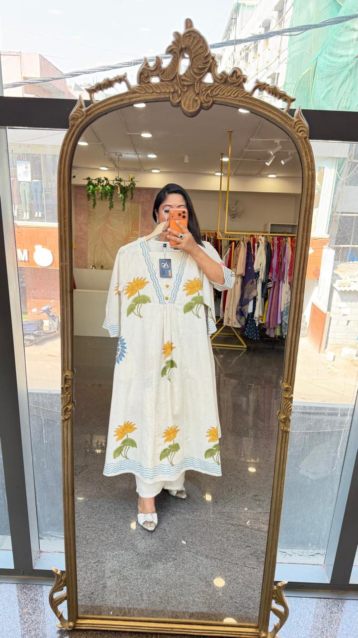 Flex cotton block printed can wear as one piece or a co ord set in yellow
