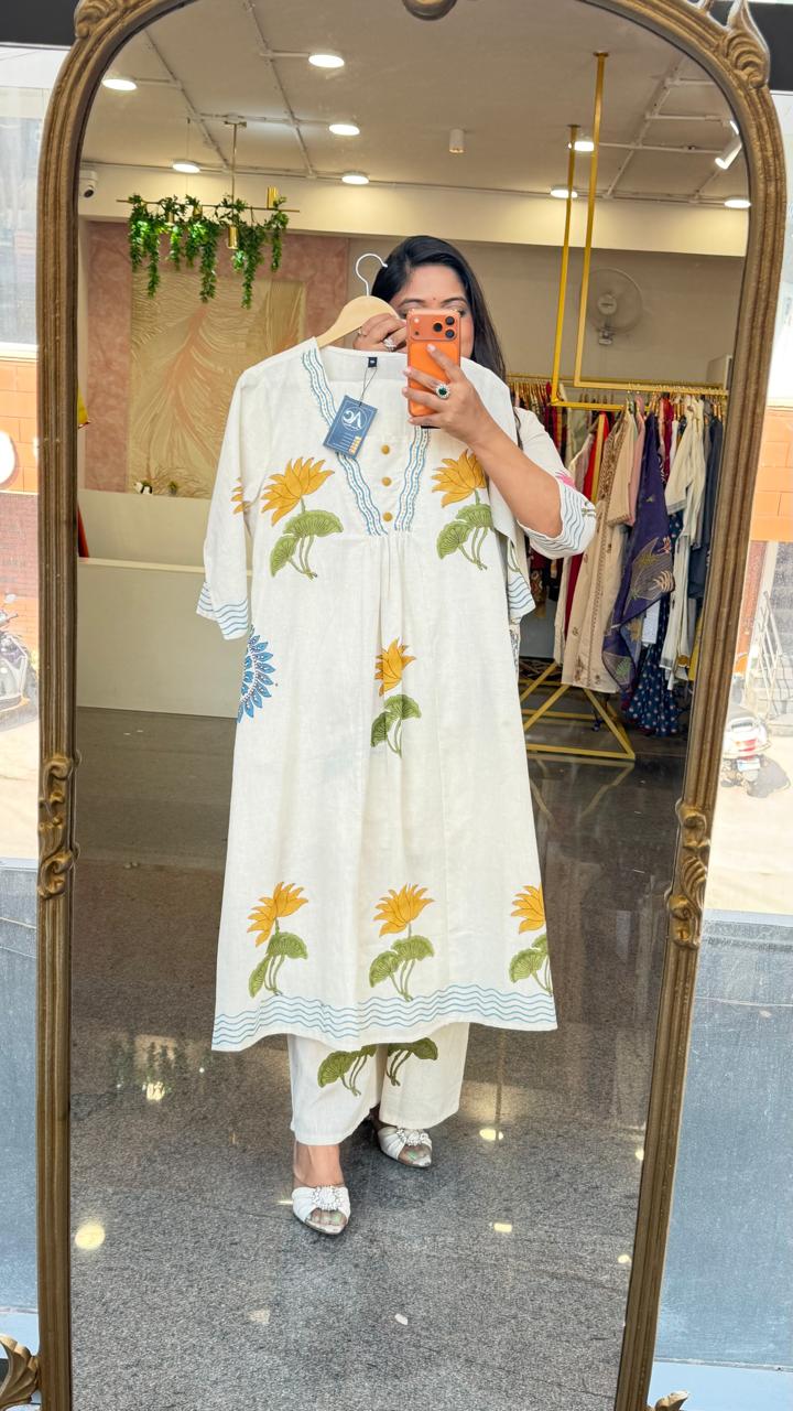 Flex cotton block printed can wear as one piece or a co ord set in yellow