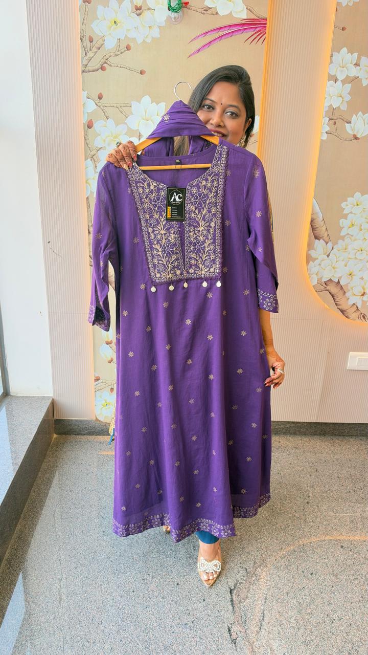 Mul cotton gold foil print with zari detailing full suit in purple