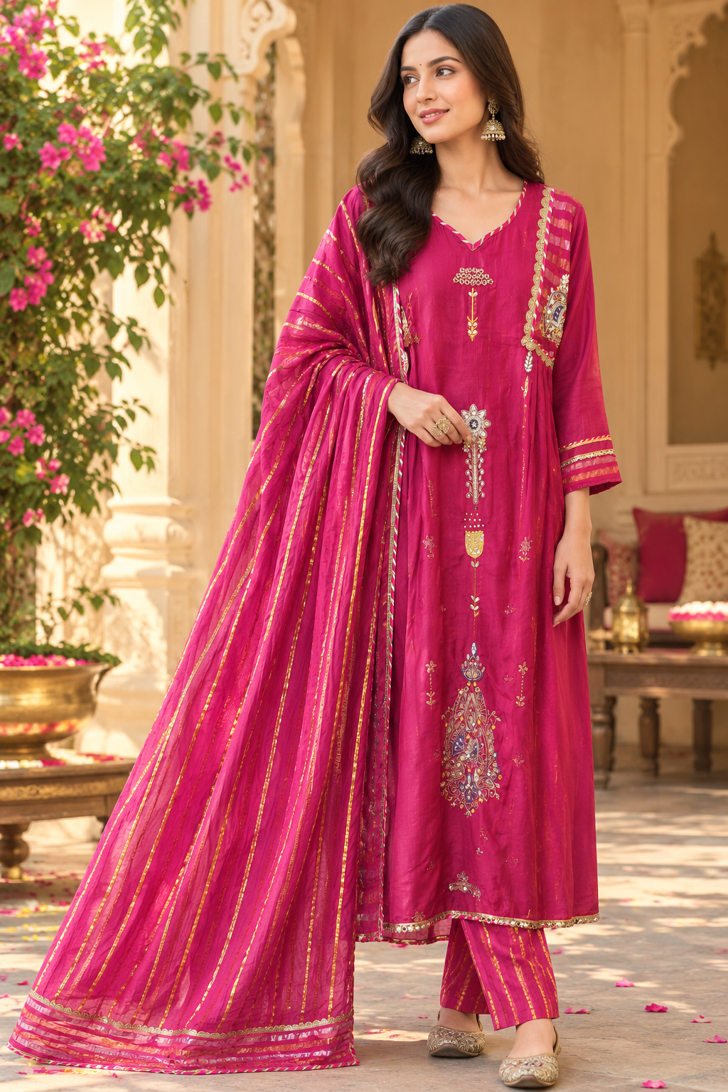 Super wow double layer Mul chanderi suit set in Rani pink