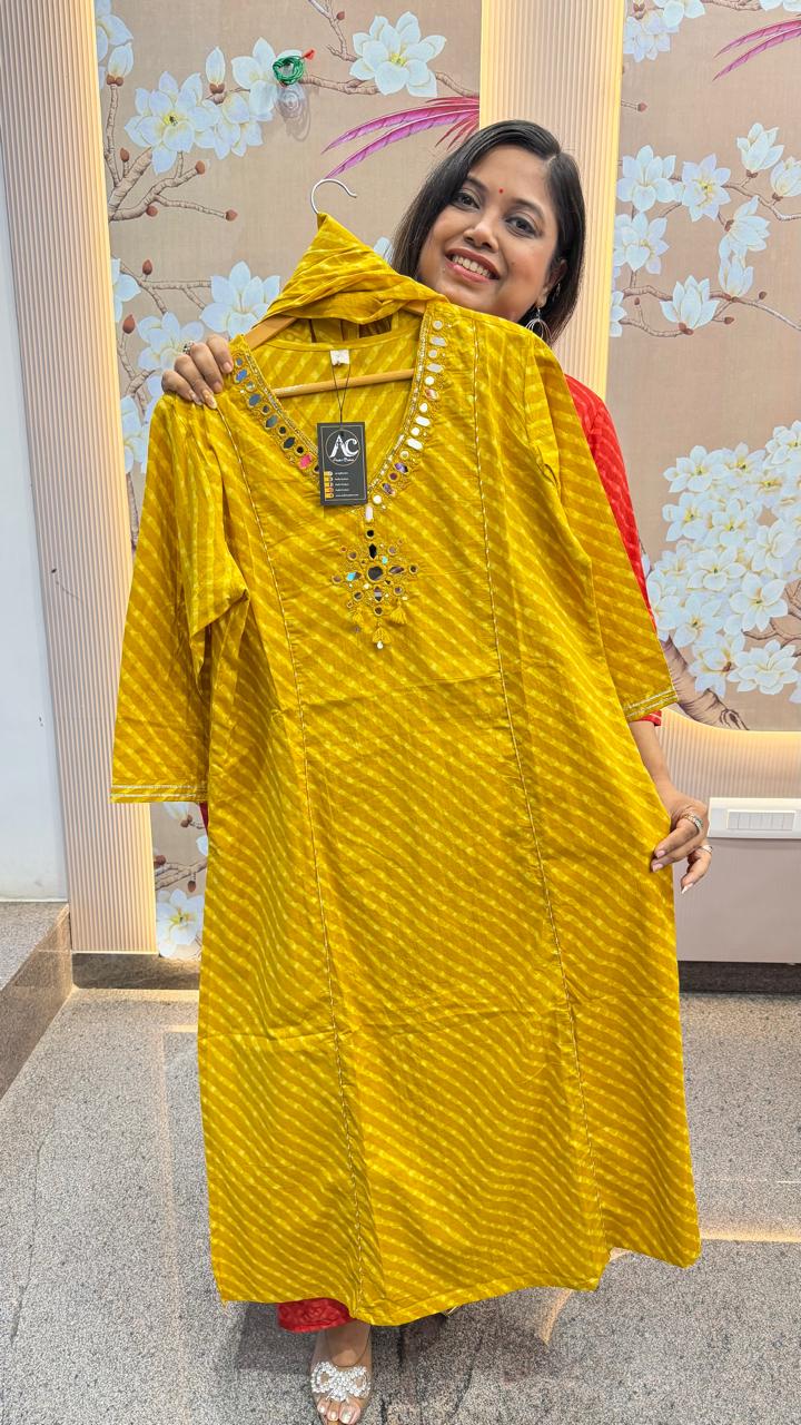 Pure cotton real mirror full suit set in yellow