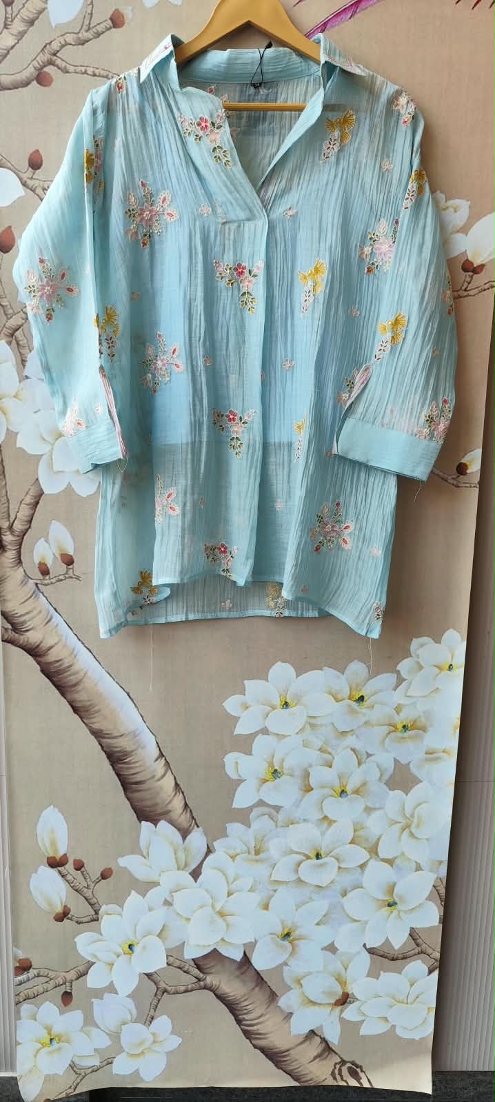 Premium Mul chanderi front and back embroidered with inner in blue