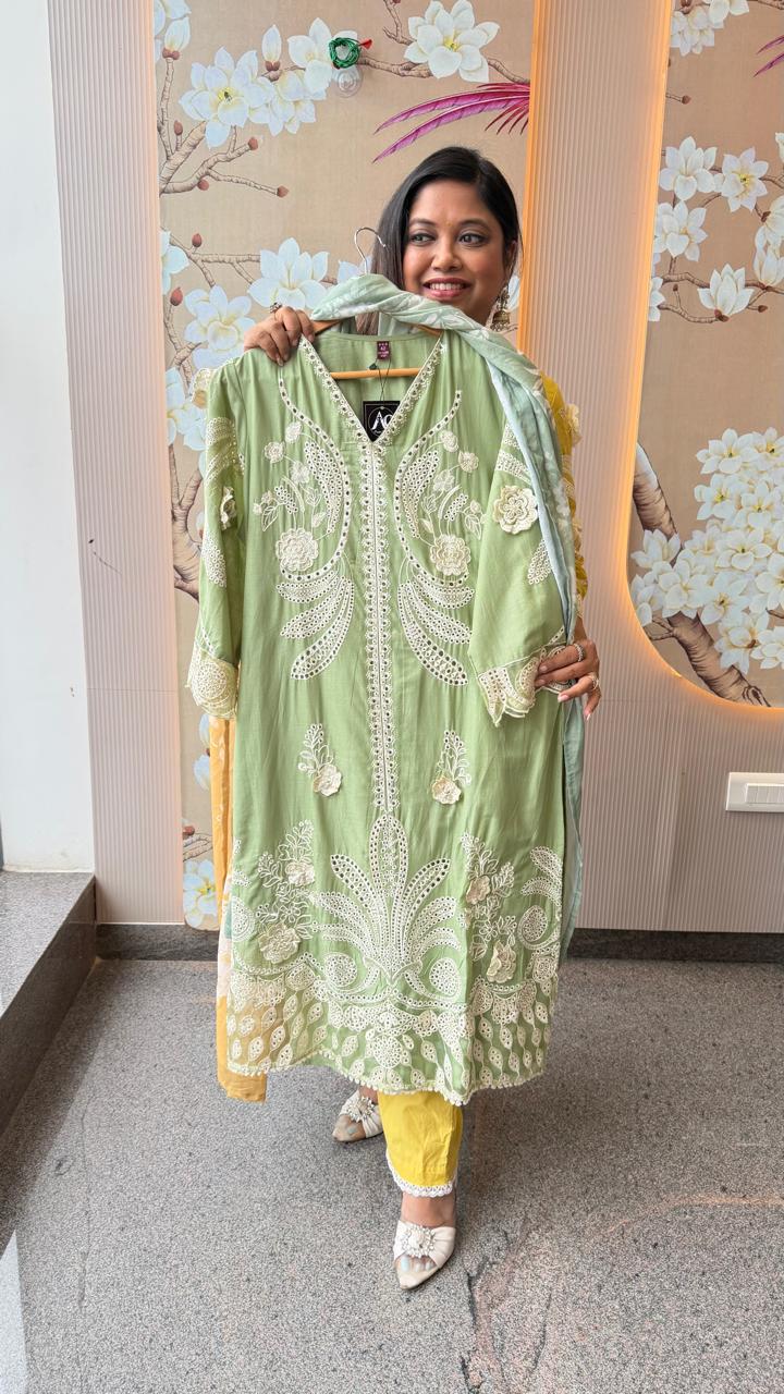 Cotton chanderi Hakuba lining suit set in ming green with lace detailing