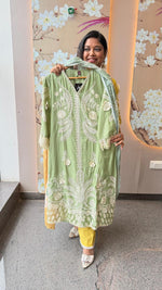Cotton chanderi Hakuba lining suit set in ming green with lace detailing