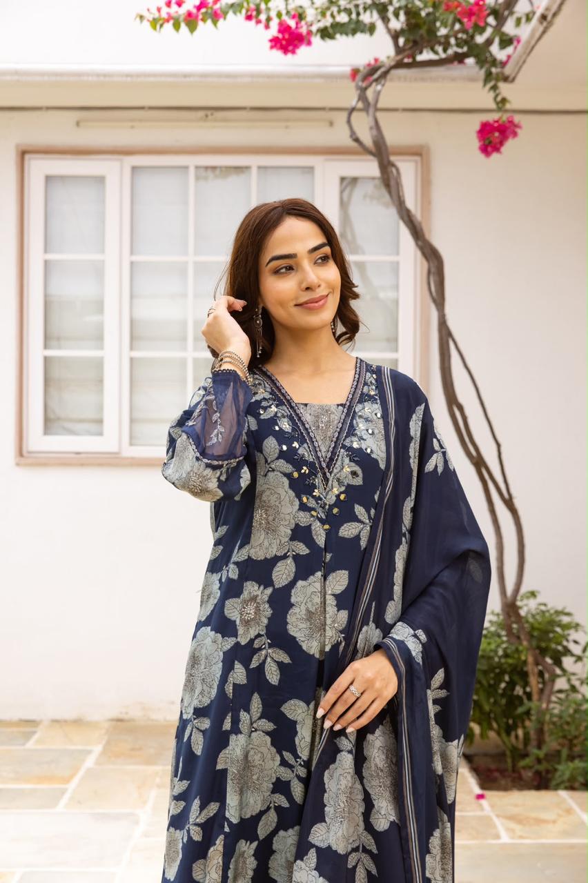 Modale digital printed full suit set in blue