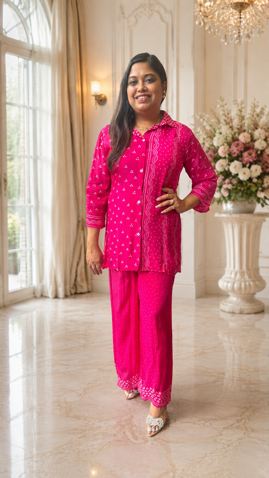 Gorgeous Rani pink bandhanicrepe co ord