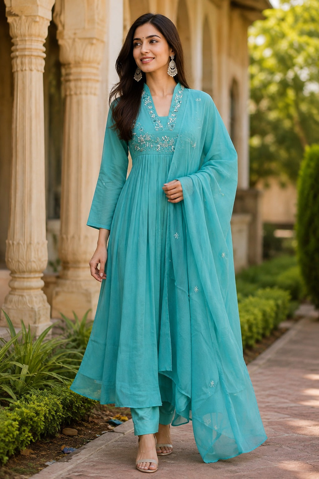 Pretty hand work Mul chanderi suit set with cotton lining