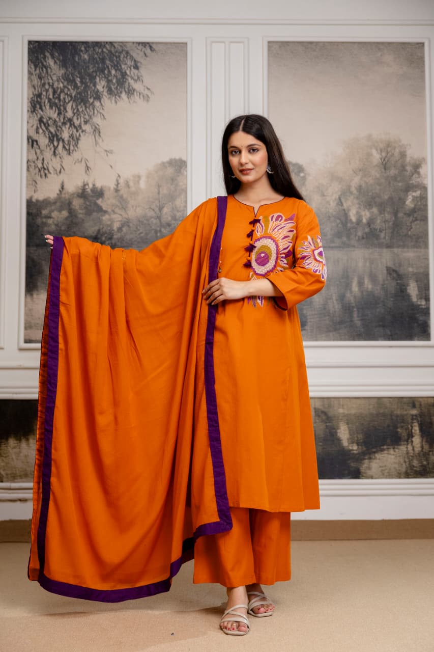 Premium pure cotton embroidered full suit set in rust n purple