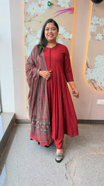 Pretty slub cotton paired with ajrakh dupatta Anarkali suit