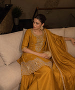 Pure chinon full heavy bead work full plazzo suit in yellow