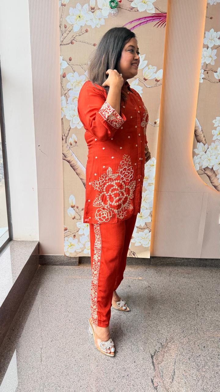 Premium chinon with lining pretty handwork co ord in rust