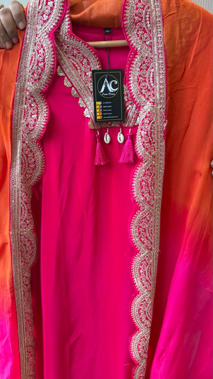 Premium pure crepe zari detailing full suit set( slim fit margin available) in pink