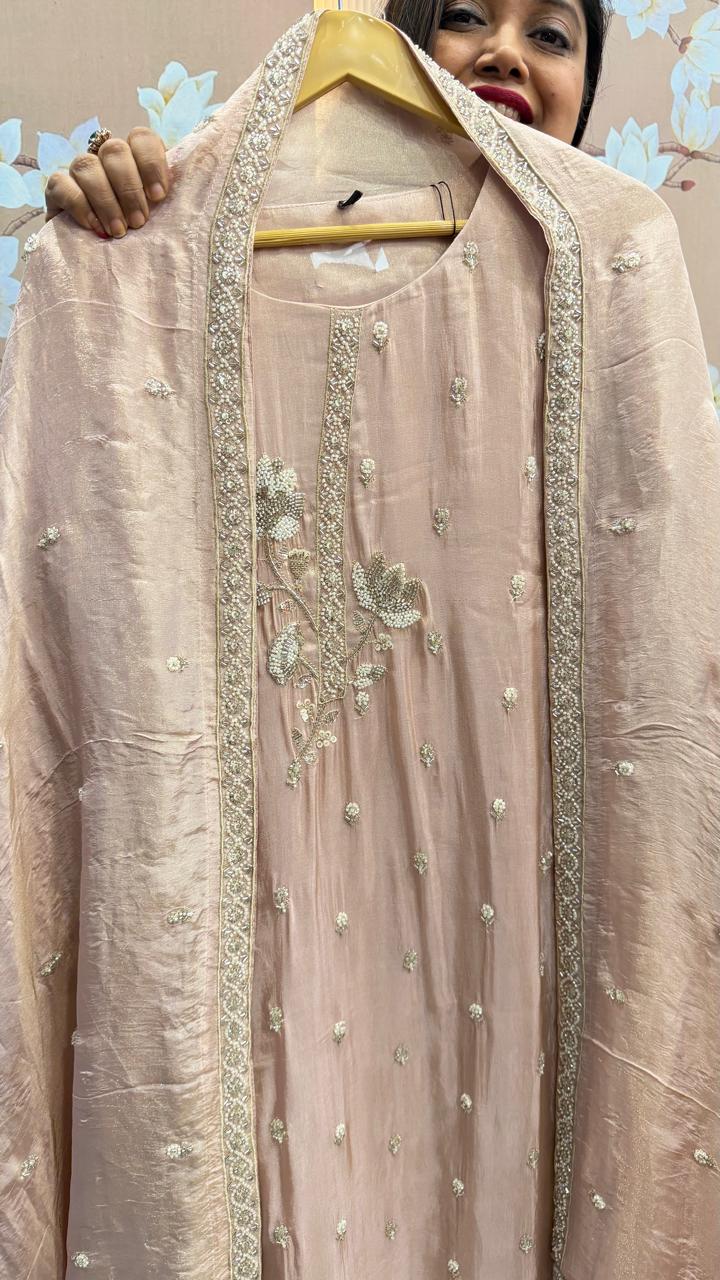 Restocked premium tissue with pearl detailing suit in blush pink ( true to size )