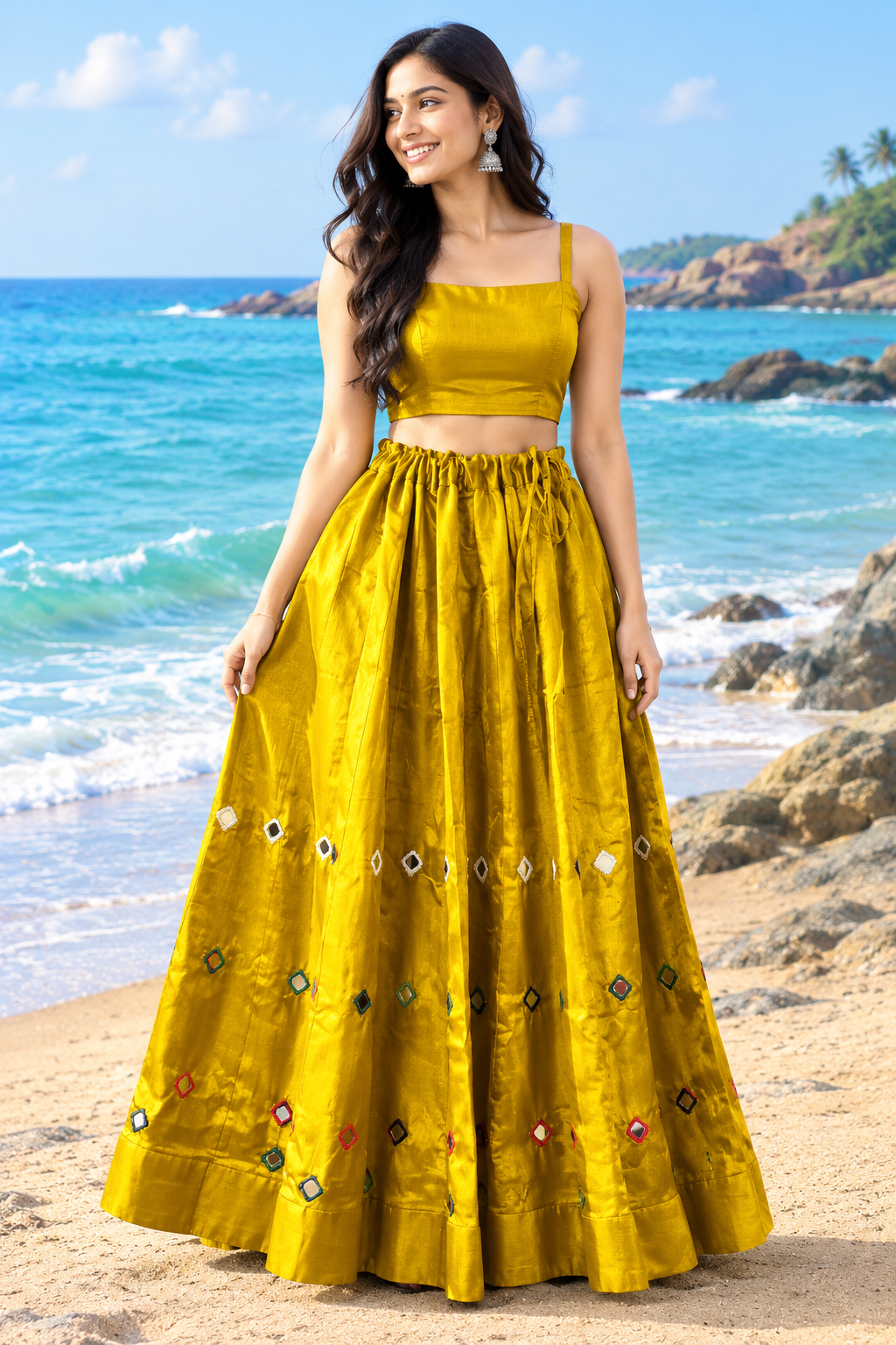 Gaji silk real mirror skirt in yellow