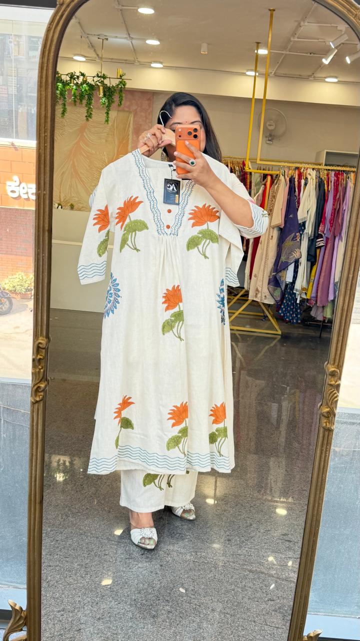 Flex cotton block printed can wear as one piece or a co ord set in orange