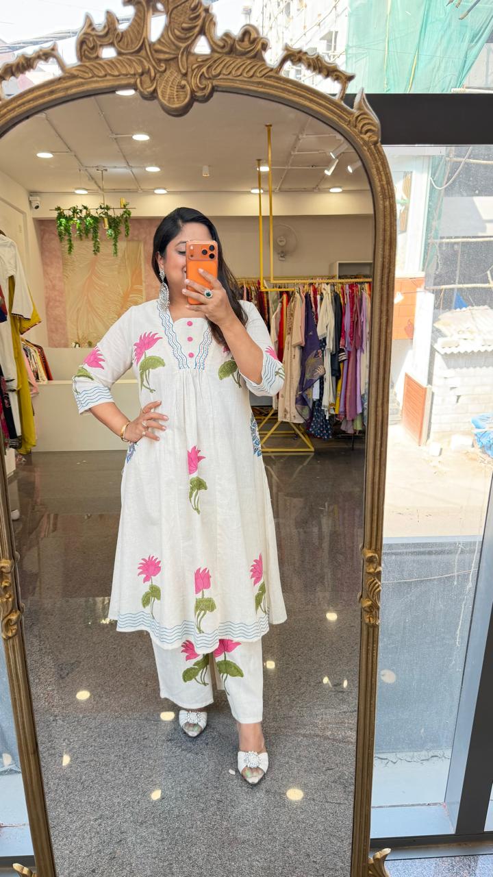 Flex cotton block printed can wear as one piece or a co ord set in pink