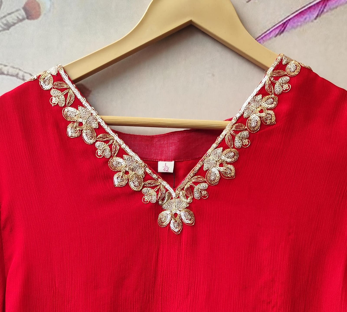 Premium chinon zari applique suit set in red