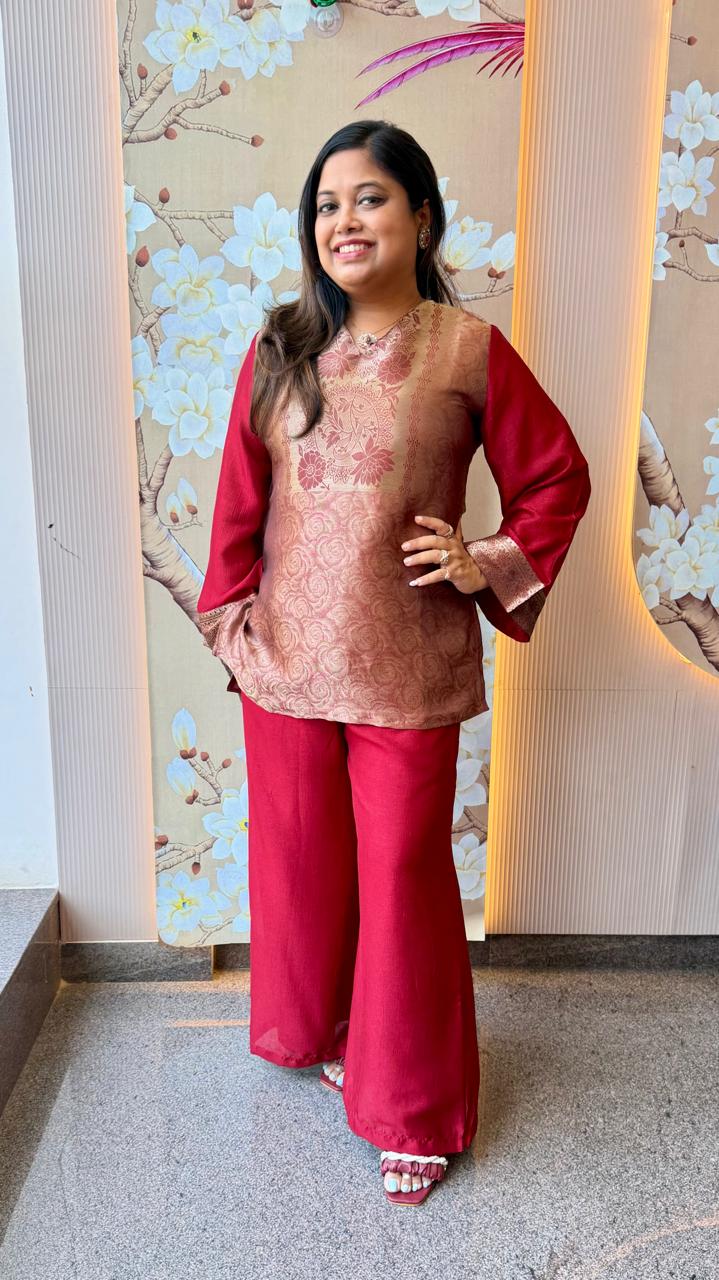 Pretty brocade designer super stylish and comfortable co ord set in maroon