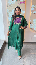 Premium crepe silk zari detailing and brocade highlight suit set in green n purple