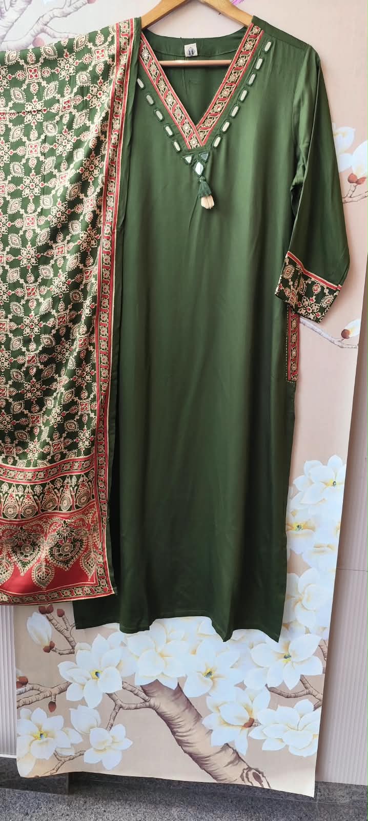 Premium gaji silk suit set paired with Kalamkari dupatta in green