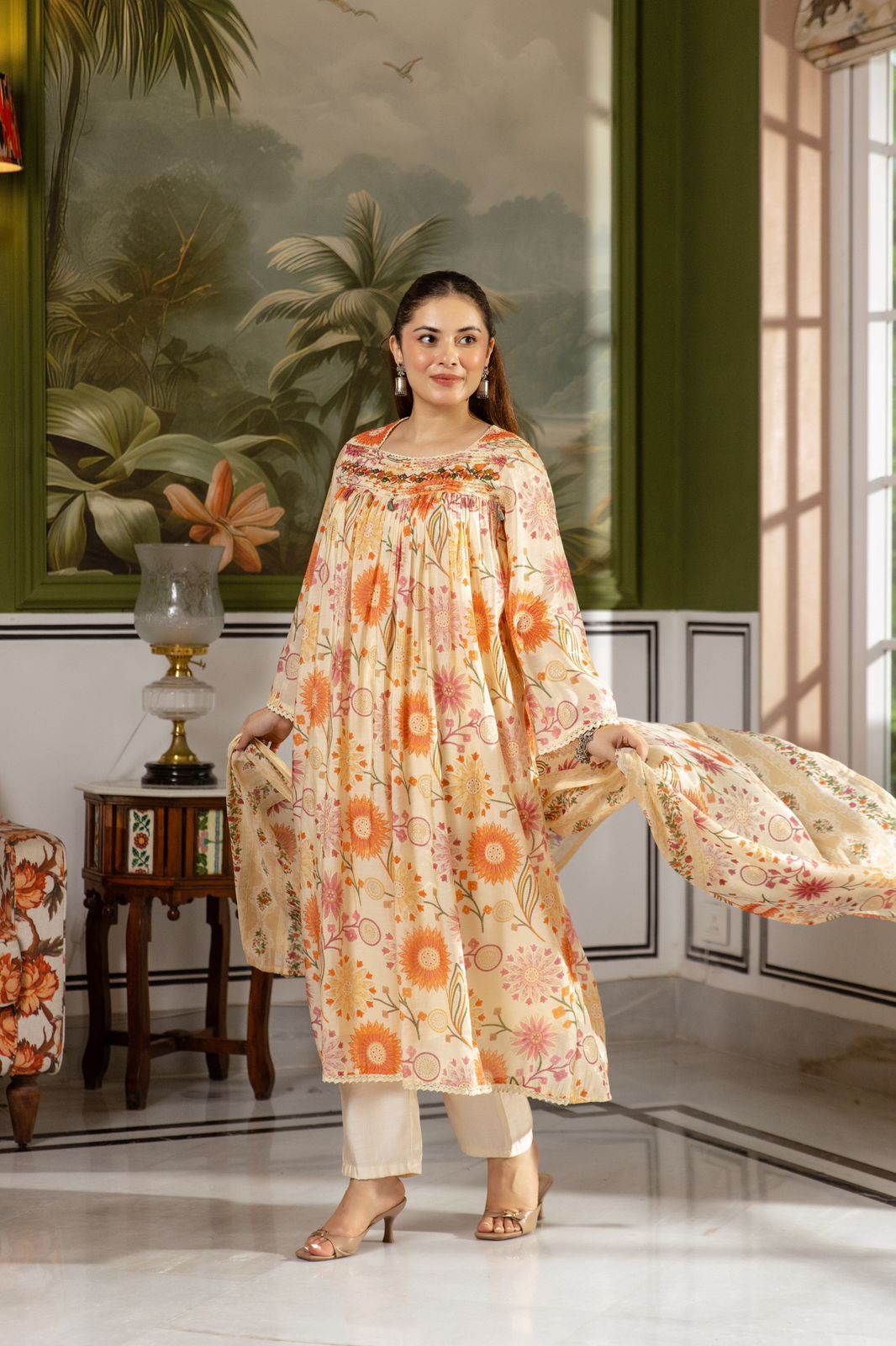 Pretty soft muslin with lining amazing detailing on yoke suit set in orange
