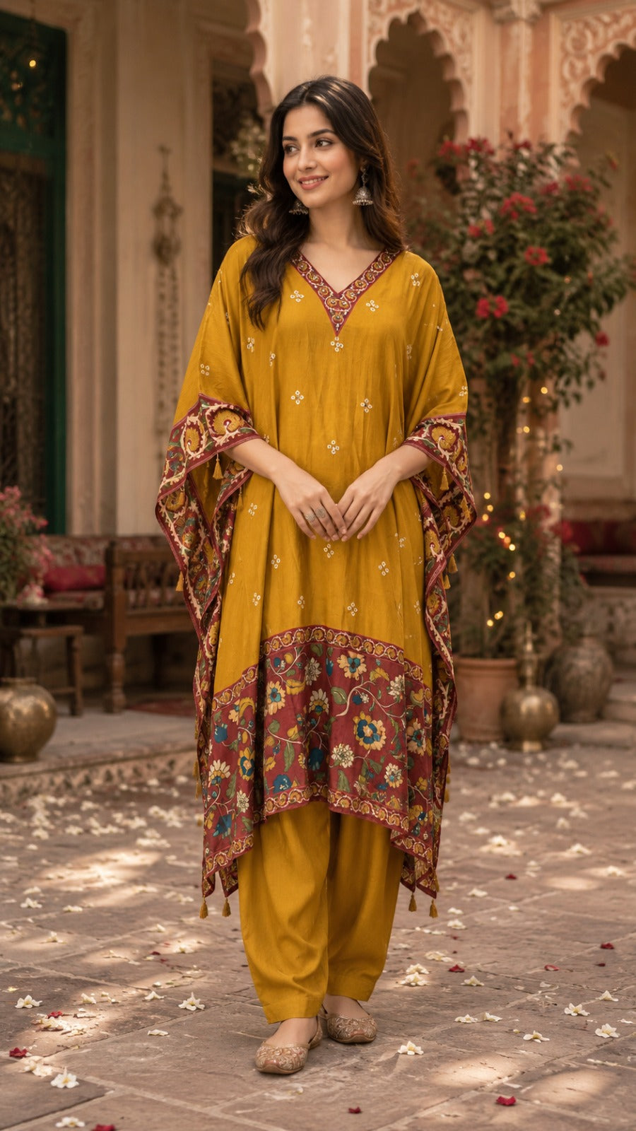 Pretty crepe bandhani Kalamkari kaftan in yellow