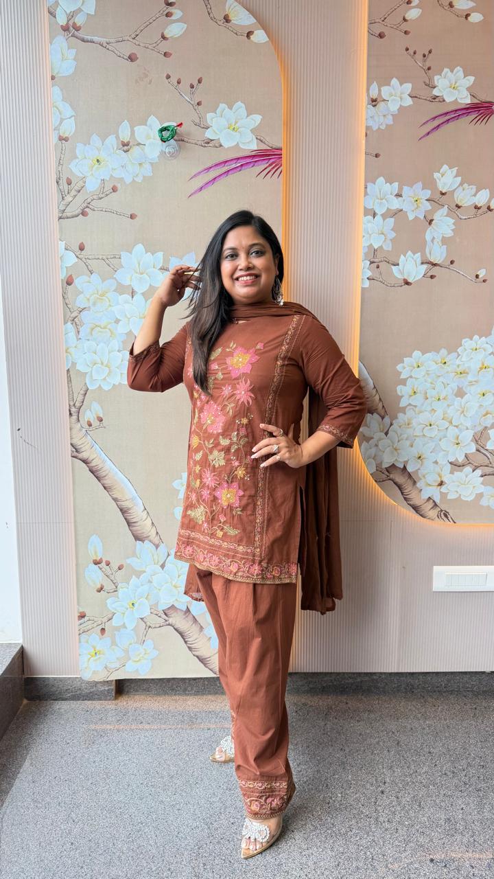 Pretty farshi salwar cotton embroidered suit set in brown