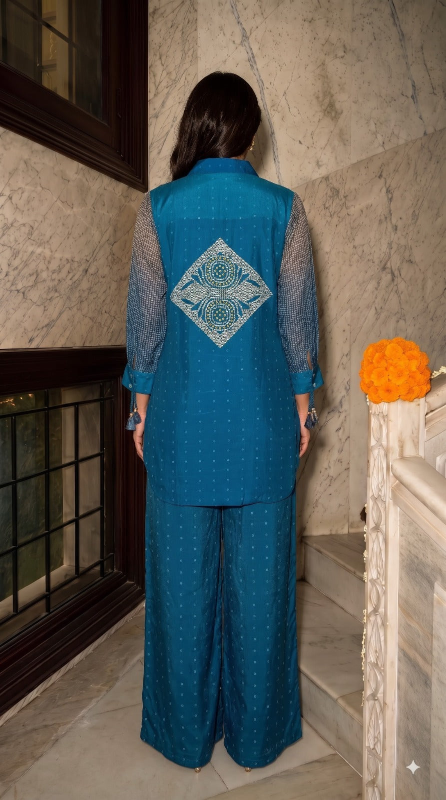 Premium natural crepe bandhani co ord in blue