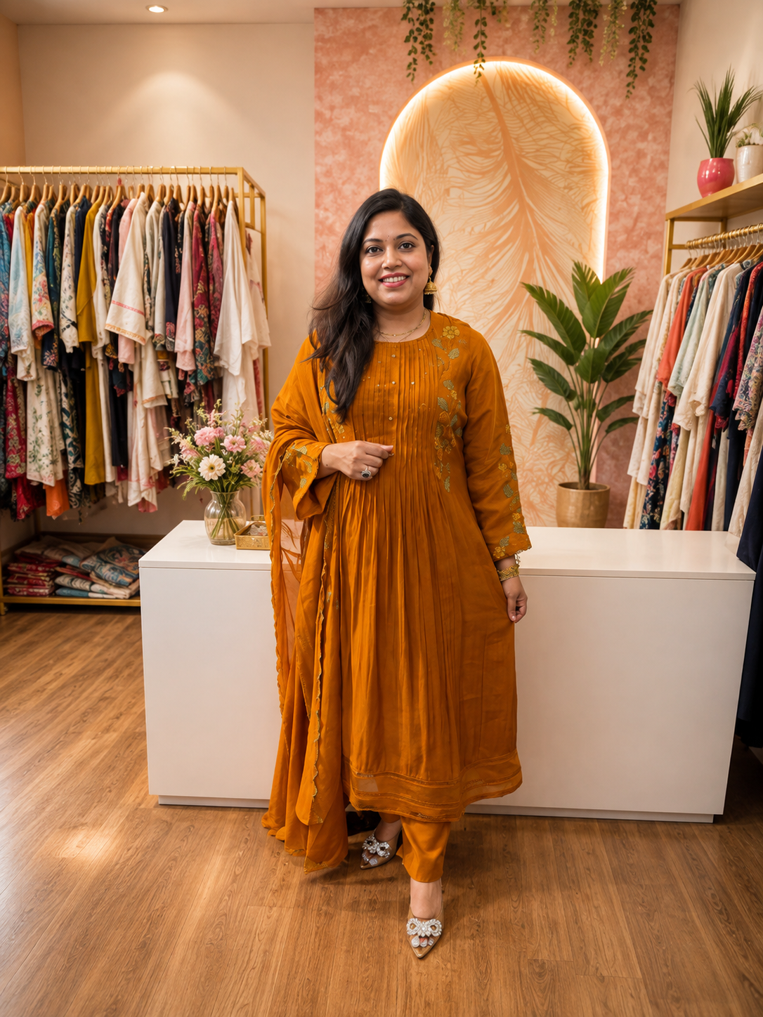 Pretty Mul Chanderi embroidered Anarkali suit set in mud brown