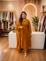 Pretty Mul Chanderi embroidered Anarkali suit set in mud brown