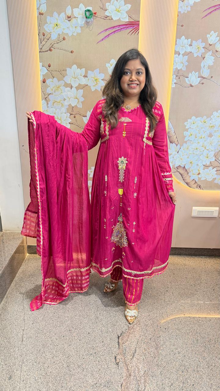 Premium lurix double layerchanderi suit set in Rani pink