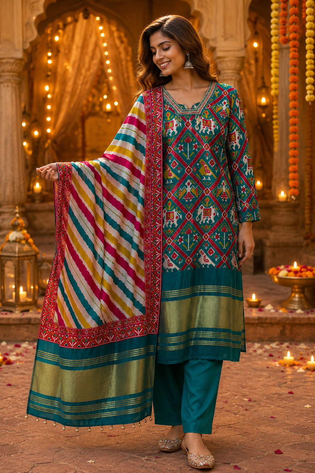 Russia silk lakri patta mul lining suit set in teal blue ( true to size )