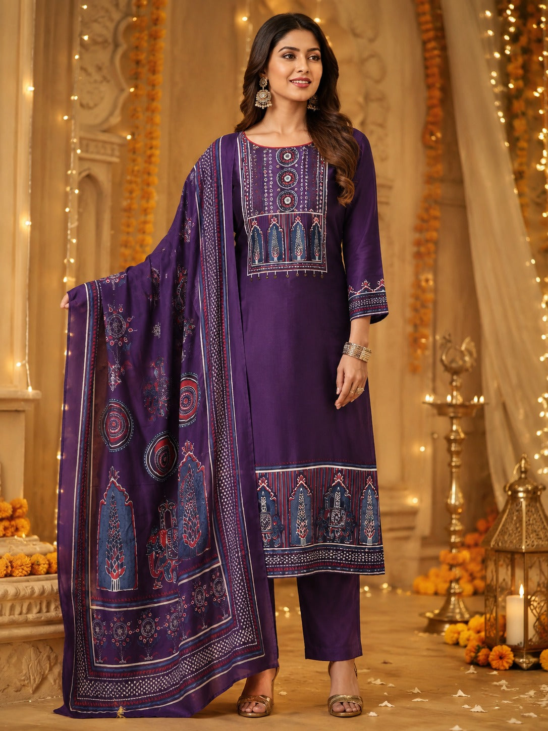 Pure muslin silk cotton lining katha detailing suit set in purple