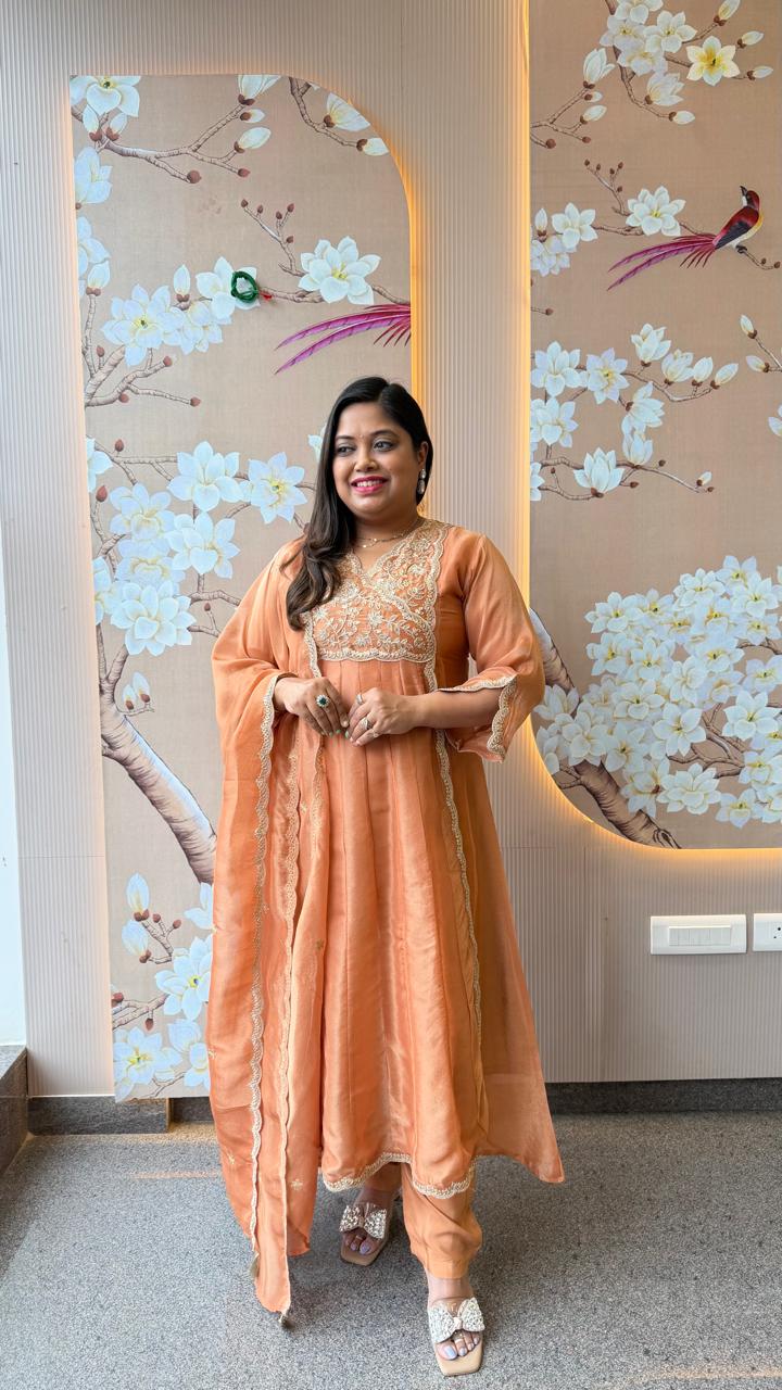 Restocked in new colour! Shimmer tissue with zari detailing full suit set